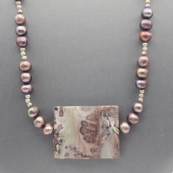 Estate Jewelry - Peacock Baroque Pearl Purple Agate Pendant Sterling Silver Necklace 16"